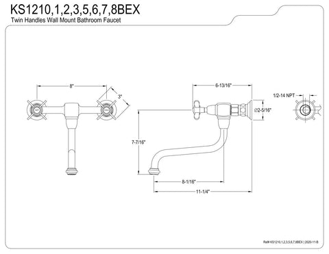 Technical diagram of Essex Wall Mount Bathroom Faucet In Oil Rubbed Bronze 8 Inch Center Two Hole Installation dimensions
