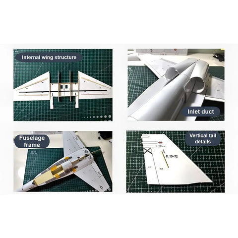 F 18 Style RC Aircraft Kit With Dual 30mm Ducted Fans And A 395mm Wingspan DIY Fixed Wing Build For Hobbyists And Collectors Plug And Play Grey PNP Design For Realistic Aerodynamics. Image shows internal wing structure, fuselage frame, inlet duct, and vertical tail details.