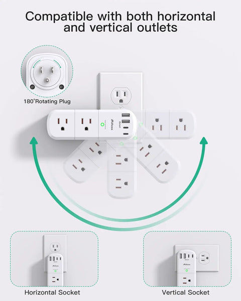 Power Strip With 6 AC Outlets And 4 USB Ports, 1800 Joules Surge Protector, 180 Degree Swivel Plug shown in horizontal configuration