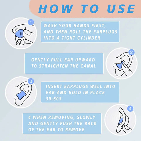 Instruction guide for using 14 Pairs Silicone Ear Plugs For Sleeping And Travel, Reusable Noise Reduction 27dB, blue and orange