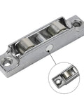 Heavy Duty Copper U Groove Barn Door Rollers Featuring Smooth As Butter Silent Glide Seamless Sliding Glass Hardware Fitting Durable Wheel Casters Effortless DIY Setup Includes Four Pack close-up of metal roller with two wheels.