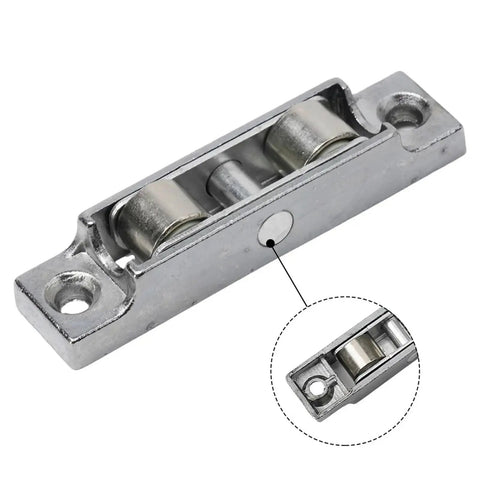 Heavy Duty Copper U Groove Barn Door Rollers Featuring Smooth As Butter Silent Glide Seamless Sliding Glass Hardware Fitting Durable Wheel Casters Effortless DIY Setup Includes Four Pack close-up of metal roller with two wheels.