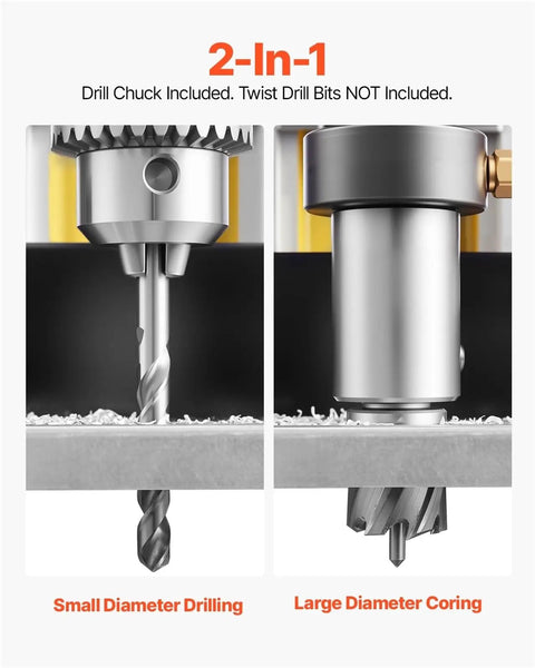 Close-up of the 2-in-1 drill chuck for the Huge 1400W Portable Magnetic Drill Press For Metal, showing small and large diameter drilling options.