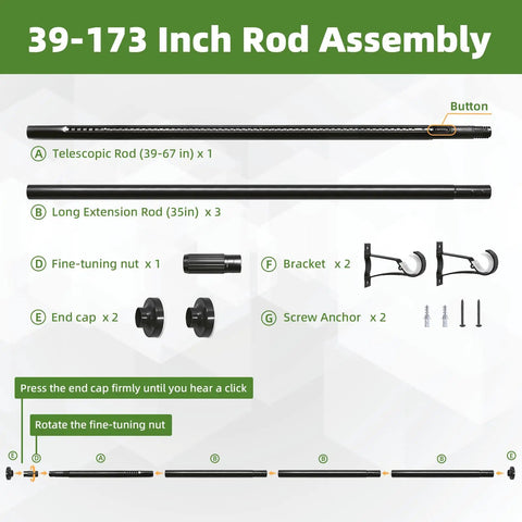 Assembly guide for Extra Long Tension Curtain Rod 39 To 173 Inches 3.3 To 14 Feet Outdoor No Drilling For Patio Windows