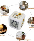 Totally Sweet Farm Sunflower Cube Digital Alarm Clock With Silent Sweep Snooze Function And Chill Nightlight on desk.