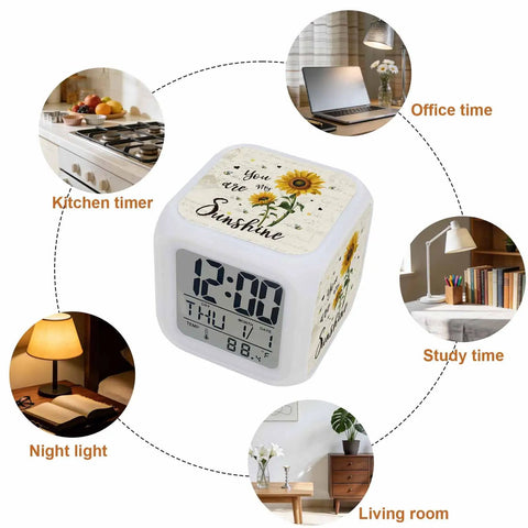 Totally Sweet Farm Sunflower Cube Digital Alarm Clock With Silent Sweep Snooze Function And Chill Nightlight on desk.