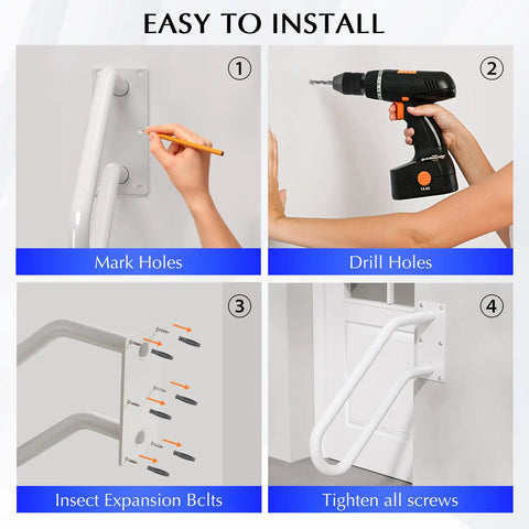 Installation steps for Heavy Duty Iron Wall Mount Stair Hand Rail With A Hella Strong Non Slip Grip For Outdoor Steps Or Bathroom Porch Classic White Finish.