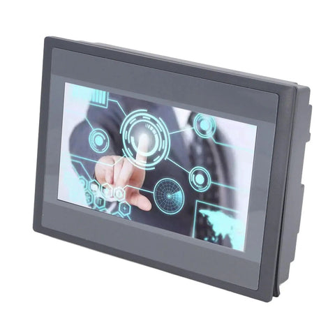 7 Inch TFT LCD Touchscreen Display for PLC Control, 24V DC Powered With 8 Relay Outputs, 800x480 Display, FX3U 20 40 48 MRT Compatible, Industrial Grade Panel Mount Monitor For Smart Automation Projects Plug And Play Ready., 7-inch panel-mount HMI touchscreen with black bezel for PLC control