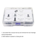 Aluminum Extrusion Hardware Kit For 4040 And 4080 Frames, M8 Bolts And T Slot Nuts in clear plastic box with labeled sections for sizes.