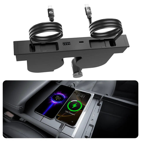 Tesla Model Y And Model 3 Hidden Center Console USB Hub With 45W Dual Type C Fast Charging Retractable Cable Hidden Phone Charger