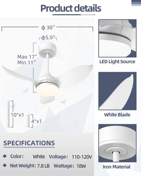 Diagram of 30 Inch Ceiling Fan With Lights And Remote Control LED Indoor Outdoor White 3 Reversible Blades showing dimensions