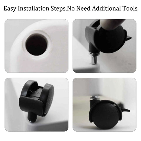Four Pack One Inch Swivel Caster Wheels With M8 Threaded Stem Brakes Smooth As Butter Glide For Tables Cabinets Shelves No Sweat Setup And Slick Heavy Duty Roll installation steps demonstrated with black nylon wheels.