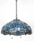 Tiffany Style Sea Blue Stained Glass Dragonfly Pendant Light, 16 Inch Wide, Antique Bronze Fixture, with chain, front view, S147 Series