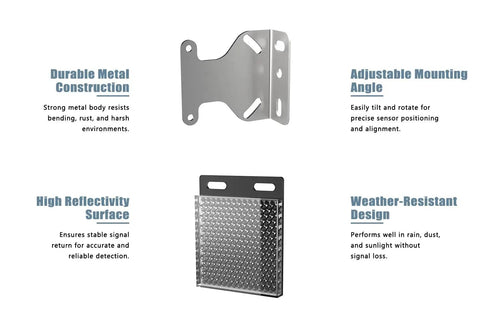 Wall Mount Photoelectric Beam Sensor components with metal construction, mounting angle, reflective surface, weather-resistant design.