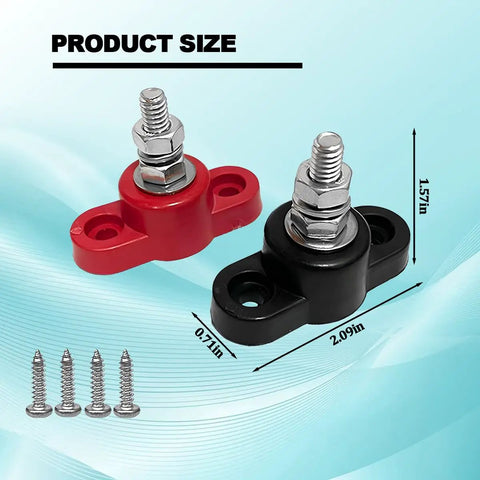 Sweet Two Piece Car Battery Junction Block With Solid Quarter Inch Terminals For 12V Rigs features red and black blocks with measurements.
