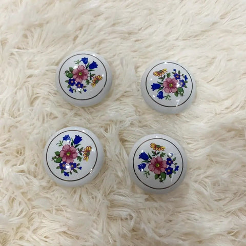Ceramic Hand Painted Drawer Knobs Four Pack Vintage Floral Cabinet Pulls For Dresser Cupboard Wardrobe And Closet With Glossy White Flower Design And Smooth Operation
