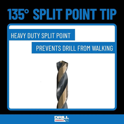 Drill America HSS drill bit with black-and-gold finish; close-up of a single bit showing 135° split-point