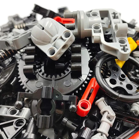 Technical Car Suspension Building Kit with 144 pieces including wheels, connectors, and gears for Mindstorms STEM learning.