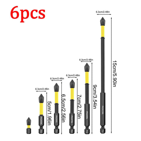 Super Sleek 6 Pc Magnetic Drill Bit Set With Quick Change Screwdriver Bits In 4 Sizes Made From Gritty S2 Steel For Tough Home Repairs And Jobsite Projects That Need A Reliable Anti Slip Grip For All Your DIY Adventures; 6pcs sizes shown