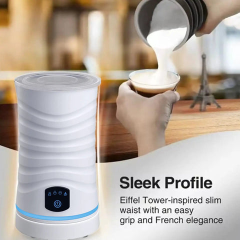 4 In 1 Milk Frother And Steamer With Temperature Control And Auto Shut Off For Hot Or Cold Foam For Coffee Latte Cappuccino Macchiato White Finish shown in a sleek design with frothing feature in use.