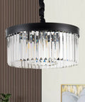 Close-up of Black Crystal Chandelier Pendant Lighting, 2 Tier Modern Round Ceiling Fixture with Adjustable Height Chain
