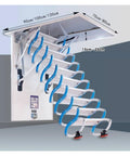 Pro Grade Electric Heavy Duty Retractable Attic Ladder With Hella Tough Aluminum Frame And Wide Non Slip Steps viewed from above showing wide steps and control access.
