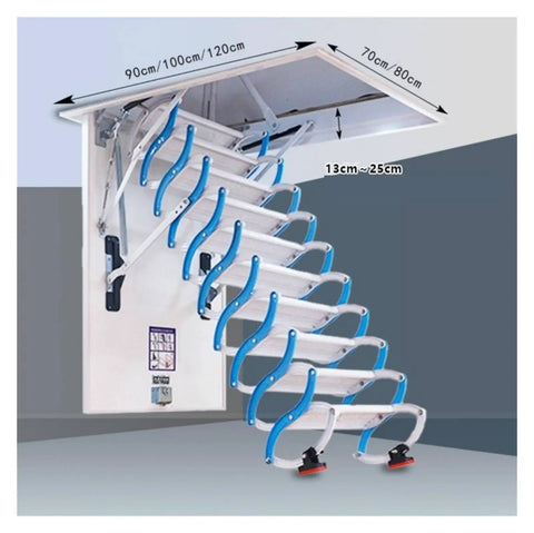 Pro Grade Electric Heavy Duty Retractable Attic Ladder With Hella Tough Aluminum Frame And Wide Non Slip Steps viewed from above showing wide steps and control access.
