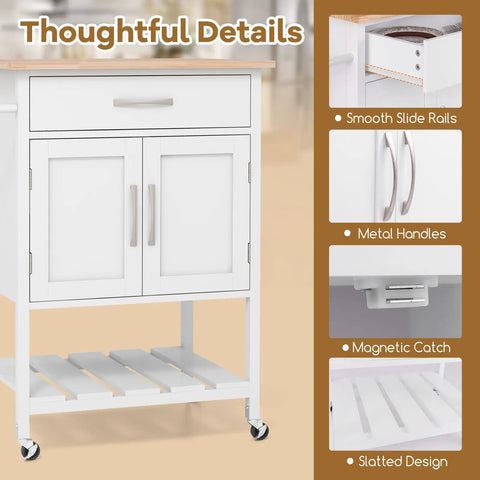 Slick Glide Kitchen Island Cart With Solid Rubberwood Countertop, Heavy Duty Serving Utility Trolley Featuring Nifty Drawer And Open Shelves, Total Game Changer For Any Modern Home Setup