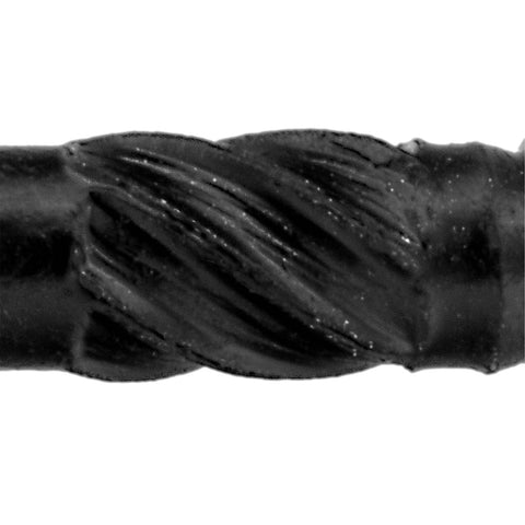 Close-up of threading on Beefy Black Timber And Landscaping Wood Screws Size Fourteen By Twelve Inch Exterior Coated For Logs And Decking