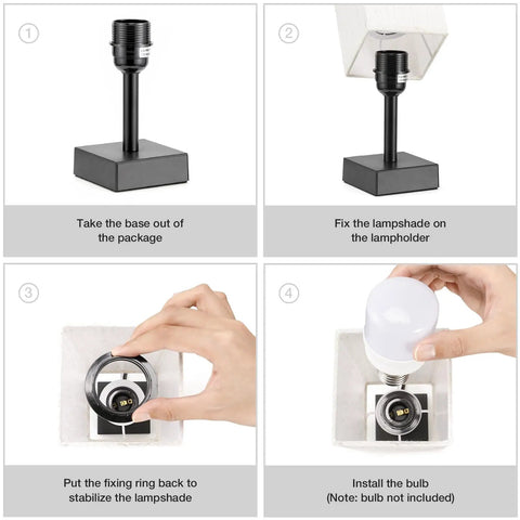 Assembly steps for Small Table Lamp For Bedroom And Nightstand With Square Fabric Shade, showing base, fixing lampshade, and installing bulb.