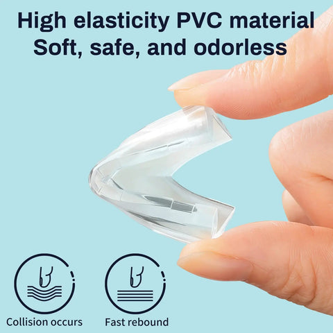 Premium Clear Silicone Corner Protectors And Table Edge Guards For Kiddos And Heavy Duty Furniture Bumpers showing clear PVC material, soft and safe for home safety.