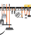 68 Inch All Metal Adjustable Garden Tool Organizer For Garage Wall Mount With Heavy Duty Iron Hooks and Tool Hangers displaying tools