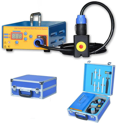 Efficient Electromagnetic Induction Paintless Dent Repair Kit with digital heat control and carrying case.