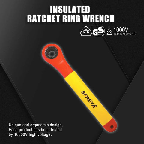 Straight Shooter VDE 1000V Insulated Ratchet Wrench Kit 10 To 19mm Metric Sizes Crafted From Tough 50CRV Steel With Solid Grip Handles That Delivers Smooth Ratcheting Action Daily - insulated ratchet ring wrench on black background.