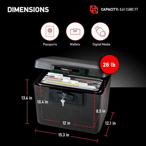 Open black fireproof document box with key lock showing interior dimensions 0.61 cubic feet, 13.6 by 15.3 by 12.1 inches