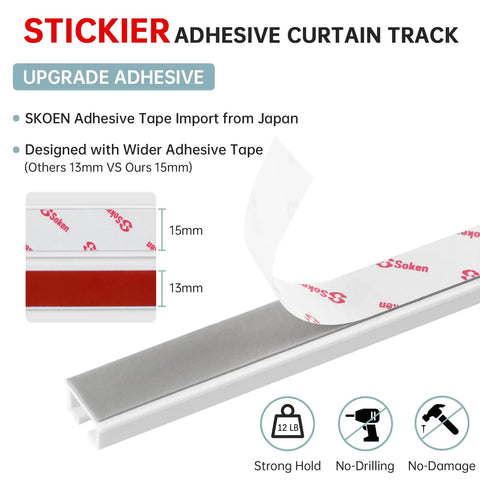 Self Adhesive Curtain Track Kit For Quick Stick On Install Ceiling Or Wall Mount 128 Inch Long No Drilling Damage Free Heavy Duty Hold For Drapes Easy Mount In Minutes. 15mm adhesive tape close-up