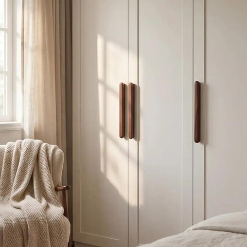 Solid Walnut Wood Cabinet Handles And Drawer Pulls For Cabinets, Dressers, And Wardrobes, 3.78 Inch 96mm, attached to wardrobe doors