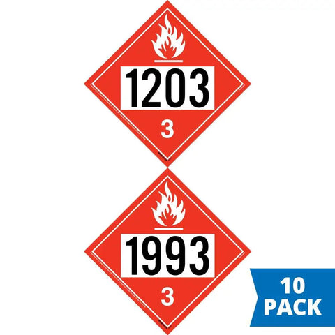 Ten Pack Class 3 Flammable Liquid Placards, 10.75 Inch Laminated Plastic, Temporary Use, DOT Hazmat Compliant With UN 1993 And UN 1203 IDs