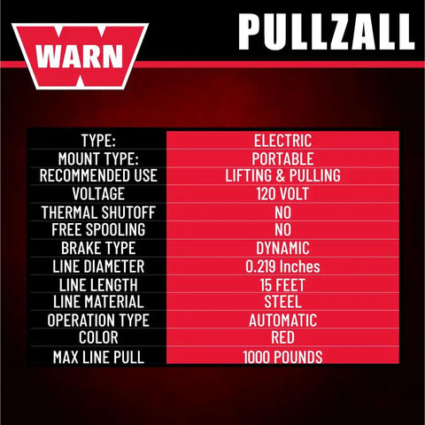 Heavy-Duty 120V AC Electric Winch With 1000 Lb Capacity For Vehicle Recovery, No-Load Line Speed Of 13.8 Fpm, Built Tough For Real-World Rugged Jobs, Easy To Use And Durable Winch That Replaces Outdated Come-Alongs. Warning Pullzall electric portable winch, 15 ft steel line, 1000 lb max pull