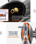 Close-up of Beast Mode Stainless Steel Garden Hose Reel Kit showing protection tube design and non-slip metal rocker for durability.