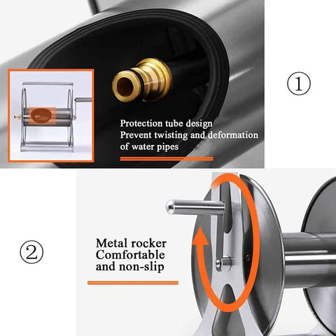 Close-up of Beast Mode Stainless Steel Garden Hose Reel Kit showing protection tube design and non-slip metal rocker for durability.