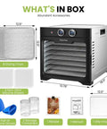 Real Deal Professional Grade Food Dehydrator Featuring Eight Heavy Duty Stainless Steel Trays And No Sweat Digital Controls For Smooth Jerky Fruit Meat Drying Daily with accessories in the box.