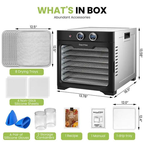 Real Deal Professional Grade Food Dehydrator Featuring Eight Heavy Duty Stainless Steel Trays And No Sweat Digital Controls For Smooth Jerky Fruit Meat Drying Daily with accessories in the box.