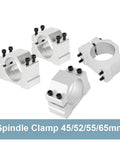 Heavy Duty CNC Spindle Clamp Made From Machined Aluminum Fits 45 52 55 Or 65Mm Round Motor Housing, various angles and details.