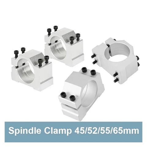 Heavy Duty CNC Spindle Clamp Made From Machined Aluminum Fits 45 52 55 Or 65Mm Round Motor Housing, various angles and details.