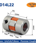 Solid Four Jaw Aluminium Shaft Coupler D14L22 For Stepper Motors with dimensions, showing tight fit and elastic cushion design.