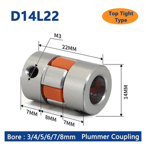 Solid Four Jaw Aluminium Shaft Coupler D14L22 For Stepper Motors with dimensions, showing tight fit and elastic cushion design.
