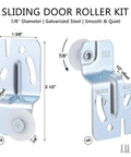 8 Pcs Top Hung Sliding Closet Door Roller Kit With 7/8 Inch Wheel Diameter For Doors 3/4 To 1-3/8 Inch Thick Durable Galvanized Hardware Set For Precise Fit And Front 1/4 Inch Rear 1/2 Inch Offsets shown including dimensions and screws