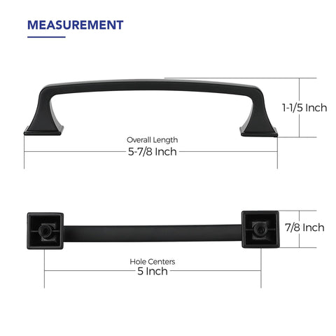 Diagram of 30 Pack 5 Inch Center Black Matte Cabinet Pulls Arch Style with measurements, solid zinc alloy, durable finish.