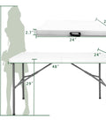 Heavy Duty 4 Foot Folding Table For Indoor Outdoor Use With Handle Portable Square Dining Card Table Waterproof Durable Plastic Top 330 Lb Weight Capacity Ideal For Picnics Parties Camping And More, dimensions shown with table and folded version.